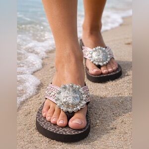 Blazin Roxx sz 9 flip flops sandals thongs bling pink rhinestones brown NWT